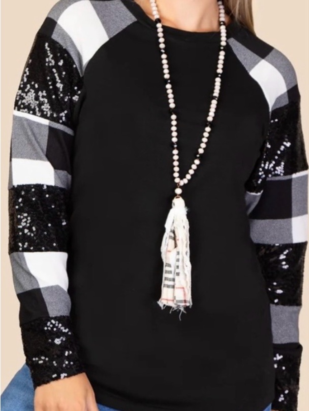 Black Buffalo Plaid Sequin Raglan Sweatshirt